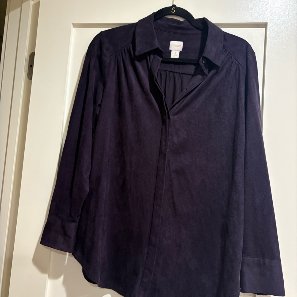 Chico's Smooth Faux-Suede Reza long-sleeve button-down shirt in eggplant purple.